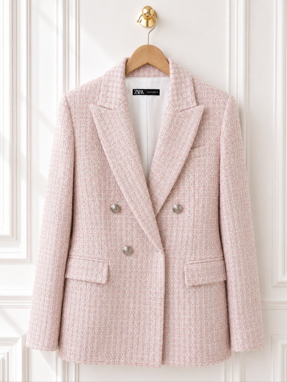 ZARA | Pink Tweed Double-Breasted Blazer Jacket | Size Large Quiet Luxury - Picture 6 of 9